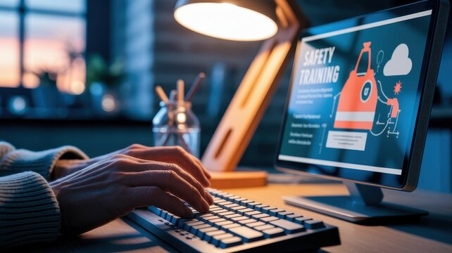 Safety training virtual class concept. Workstation setup featuring hands on keyboard and safety training displayed on a computer screen.