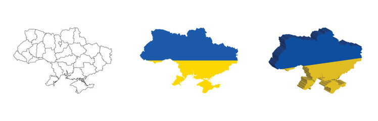 Ukraine outline, fill with flag and 3d map