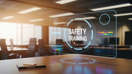Safety training virtual class concept. Virtual display for safety training in a modern office setting with illuminated graphics.