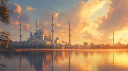 Majestic Mosque at Sunrise: A Serene Reflection