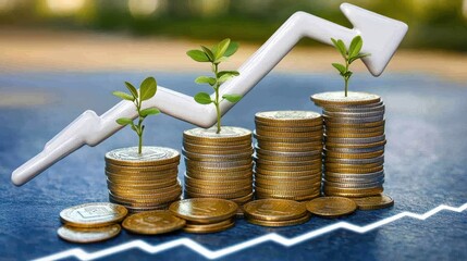 Financial development of business showing increasing profit growth with ascending charts, currency symbols