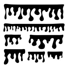 Set of vector liquid drops. Collection of dripping and hanging liquid, water, honey, milk, chocolate, paint. 