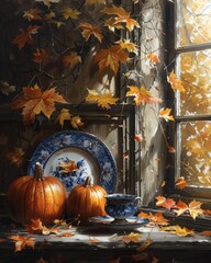 Obraz premium Autumnal pumpkins, chinaware, windowsill, fallen leaves