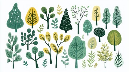 Diverse stylized trees, foliage, spring, nature, design element