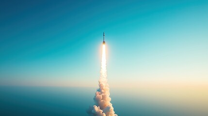 The aerial perspective captures the rocket&rsquo;s dramatic climb, its smoke trail cutting cleanly across the sky in a powerful display of innovation and determination.

