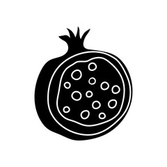 Distinctive black and white illustration of a pomegranate revealing its juicy seeds and texture