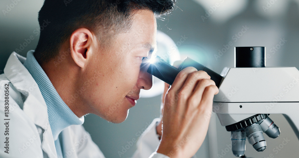 Poster healthcare, microscope and science with man in laboratory for breakthrough, discovery or innovation.