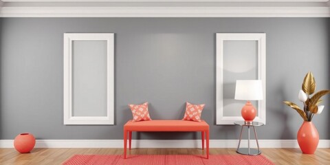 Modern Gray Room Interior Design with Coral Accents and Empty Frames