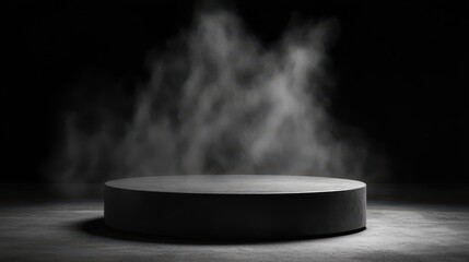 A foggy round podium set against a dark black background, creating a dramatic and mysterious atmosphere.