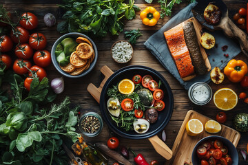 Preparing Healthy Meal Ingredients with Fresh Vegetables and Fish Top View