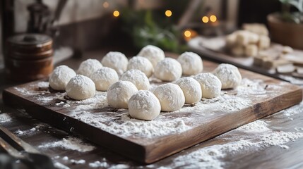 Fototapeta premium Floured dough balls rest neatly on a rustic wooden board, radiating a sense of homemade freshness and the promise of delicious creations to come.