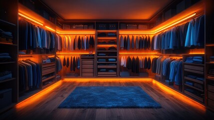 Modern luxury walk-in closet featuring ambient orange lighting and neatly organized clothing shelves in a contemporary design