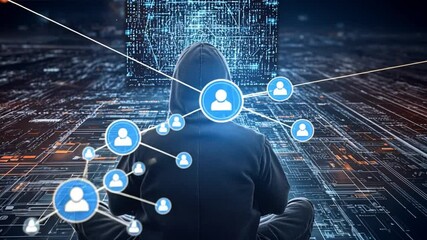 Cyber Intrusion: Mysterious figure in a hooded sweatshirt immersed in a complex digital network, symbolizing cybercrime, security breach, and data protection - Powered by Adobe