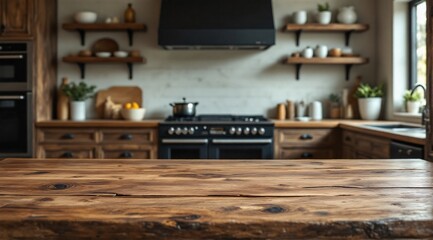 A clean wooden kitchen table with sharp focus in the foreground, with a semi-rustic modern minimalist kitchen faintly visible in the background.