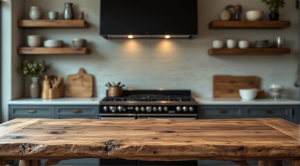 A clean wooden kitchen table with sharp focus in the foreground, with a semi-rustic modern minimalist kitchen faintly visible in the background.
