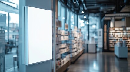 White vertical banner fixed on a pharmacy or cosmetics store window, perfect for showcasing promotions or advertisements in a retail setting.