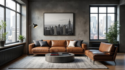 Obraz premium Modern urban loft living room with a view of the city skyline, industrial chic aesthetic, with a brown leather sofa and a matching armchair