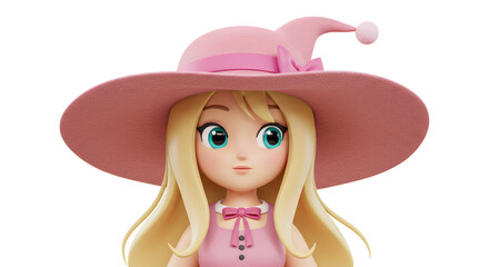 Stylish Cartoon Character in Pink Hat and Dress with Long Blonde Hair