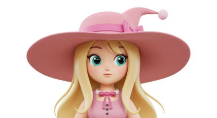 Stylish Cartoon Character in Pink Hat and Dress with Long Blonde Hair