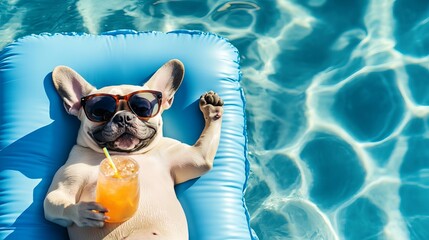 Dog enjoying summer vacation in swimming pool with cocktail and sunglasses on inflatable raft in water