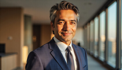 Fototapeta premium Modern portrait headshot of a friendly ceo executive business worker: A confident, middle-aged man with graying hair smiles warmly at the camera while wearing a dark navy suit and tie in a modern of