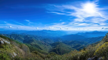 Fototapeta premium Expansive blue sky with wispy clouds, a panoramic view of serenity and freedom.
