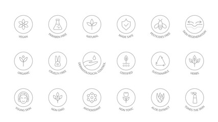 Organic cosmetic labels set. Product free allergen editable line icons. GMO free emblems. Organic stickers. Natural products badges. Healthy eating. Vegan, bio food, ecology. Vector illustration