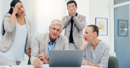 Fail, laptop or team of business people with financial problem, investment loss or economy crisis....