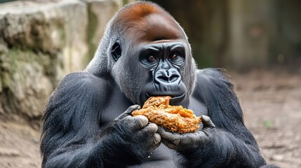 Obraz premium Mountain gorilla with food in the wild