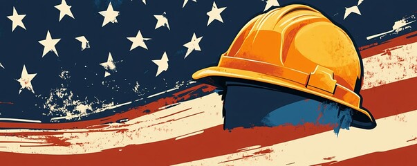 Yellow hard hat is superimposed on an american flag, celebrating american workers