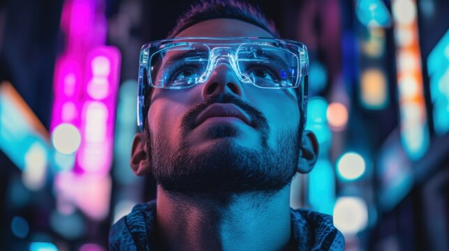 A man in futuristic glasses, immersed in neon lights, envisions the future with a hopeful gaze. Augmented Reality is within reach!