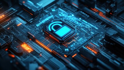 Fototapeta premium Abstract Circuit Board with Glowing Blue Padlock: Digital Security Concept