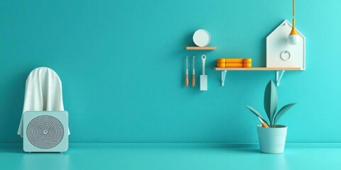 Teal Room Interior Design Minimalist Shelf Decor Plant Air Purifier