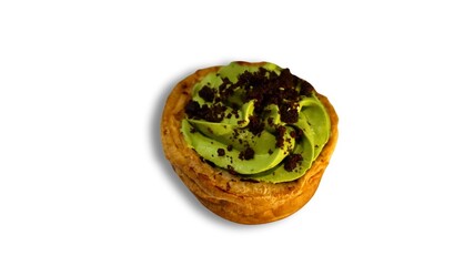 Gudi bakes with matcha isolated on white. Look from above.