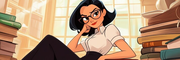 Classic pin up librarian adjusts glasses with a flirty smirk in warm cozy library setting