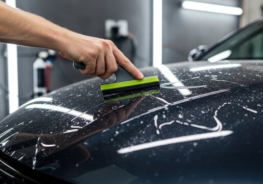 Car paint protection film being expertly applied to vehicle surface in an automotive workshop