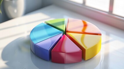 Obraz premium A colorful, business-oriented D pie chart, each part slightly lifted, casting soft shadows on a clean white surface