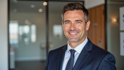 Fototapeta premium Modern portrait headshot of a friendly ceo executive business worker: A smiling man in a suit confidently looks at the camera in a modern office setting.