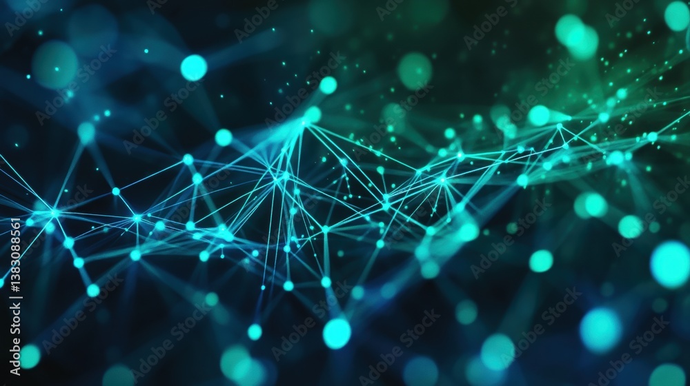 Poster A futuristic abstract digital network featuring blue and green connections, visually representing data flow and communication with a dynamic and high-tech design.