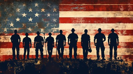 Workers silhouetted against a grunge american flag, commemorating labor and national pride