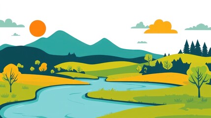 Serene river meandering through valley, sunset backdrop, idyllic landscape, nature scene