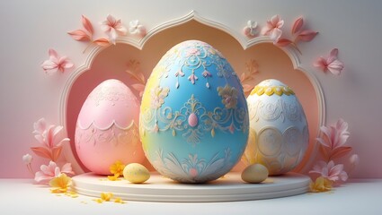 Three intricately decorated Easter eggs displayed on a decorative stand, adorned with pastel colors and floral accents. An elegant presentation, ideal for spring celebrations