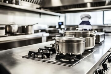 A stainless steel stove top oven in a kitchen with two chefs