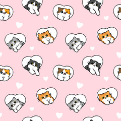 Seamless Pattern with Cartoon Cat and Heart Design on Light Pink Background. Hand Drawn Vector Illustration.