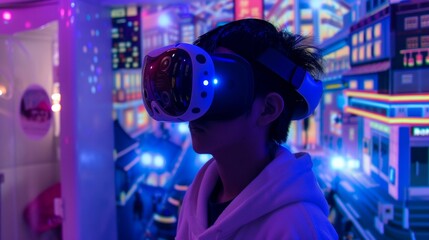 A person wearing a VR headset, fully immersed in a futuristic virtual world with glowing holographic cityscapes and neon lights