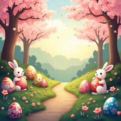 "Charming Spring  Bunnies with Colorful Eggs in a Blooming Spring Meadow"