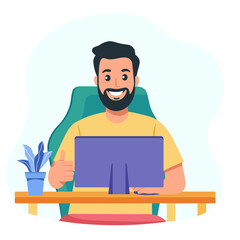 Smiling bearded man working on a computer at a desk, giving a thumbs-up gesture. Modern office workspace with a plant, comfortable chair, and a light background. Flat vector illustration