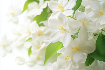 Obraz premium Blooming White Flowers with Green Leaves Soft Background Floral Springtime