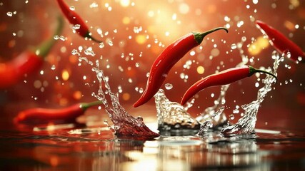 Chili peppers splashing in water vibrant red food image - Powered by Adobe