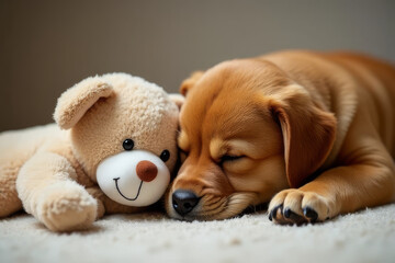 The image shows a brown puppy peacefully sleeping next to a teddy bear on the floor.